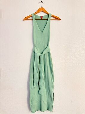 Guess Mint Green Ribbed V-Neck Sleeveless Maxi Dress with Tie Belt